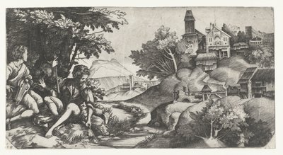 Musicerende herders in een landschap door Giulio Campagnola