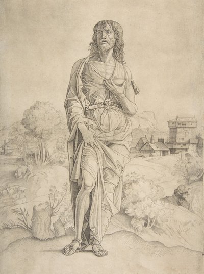 Sint Johannes de Doper staand in Landschap, Figuren en Gebouwen op de Achtergrond door Giulio Campagnola
