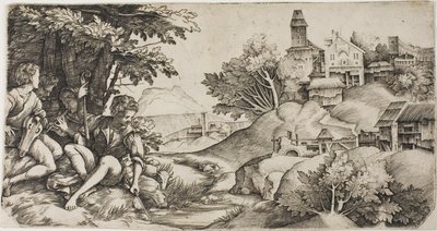 Herders in een landschap door Giulio Campagnola