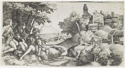 Herders in een landschap door Giulio Campagnola
