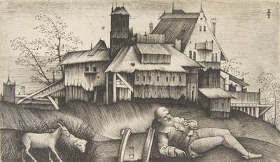 De oude herder liggend in een landschap, gebouwen op de achtergrond, een geit en een schaap door Giulio Campagnola