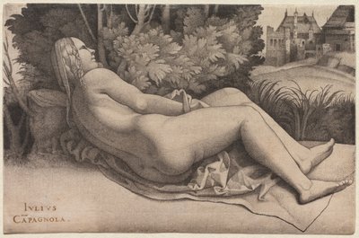 Venus Liggend in een Landschap, ca. 1508-1509 door Giulio Campagnola