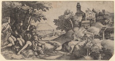 Herders in een landschap door Giulio Campagnola and Domenico Campagnola