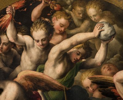 Noordtransept, Altaar van de Aartsengel Michaël, Aartsengel Michaël doodt de boze, Giulio Campi 1566, Detail door Giulio Campi