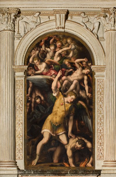 Noord Transept, Altaar van St. Michael de Aartsengel, Aartsengel Michael doodt het kwaad, Giulio Campi 1566 door Giulio Campi