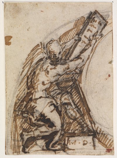 Zittende man met schrijftablet(?). Architectuurdetail door Giulio Campi