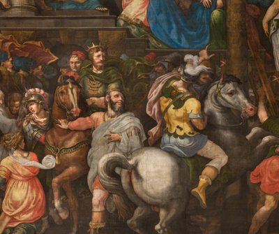 Muur tegenover de tegengevel van het zuidtransept, Giuseppe Campi, Triomf van Mordecai 1567, (detail) onderste deel door Giulio Campi