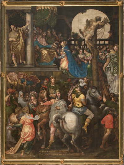 Muur tegenover de tegengevel van het zuidelijke transept, Giuseppe Campi, Triomf van Mordechai 1567 door Giulio Campi