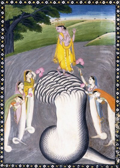 Krishna die de veelkoppige slang bedwingt (ca. 1790) door Giulio Carlini