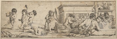 Bacchanaal met baby satyrs en putti links, een naakte mannelijke figuur ligt vooraan door Giulio Carpioni