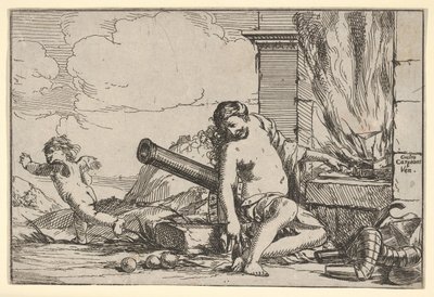 Vuur, voorgesteld door Venus zittend voor de smidse van Vulcanus, met harnas, een kanon door Giulio Carpioni