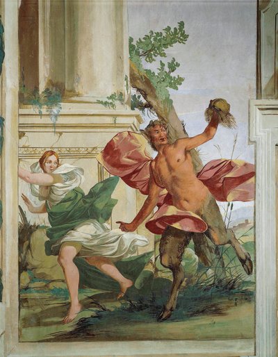 Nimf Corsica achtervolgd door Satyr die haar pruik aftrekt door Giulio Carpioni door Giulio Carpioni