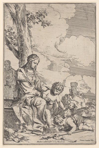 De Heilige Familie met de jonge Sint Jan die de voeten van Christus kust door Giulio Carpioni