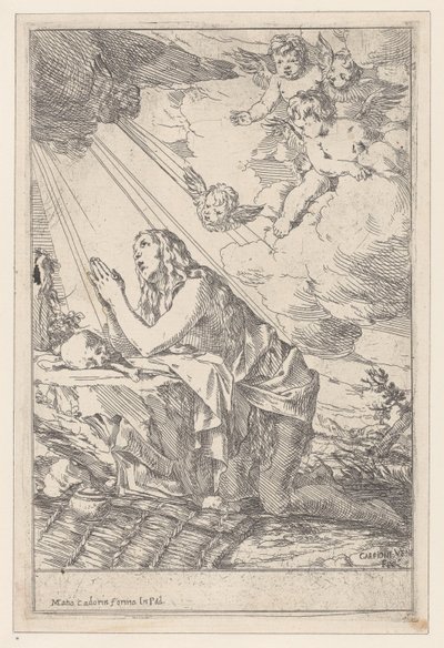 De Berouwvolle Heilige Maria Magdalena, knielend voor een schedel en botten, 1640-60 door Giulio Carpioni