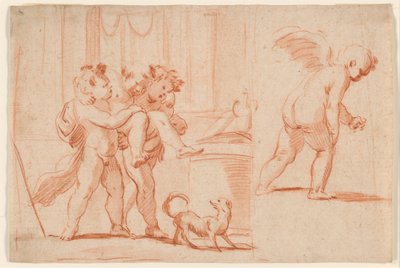 Twee putti dragen een derde putto; een andere putto van achteren door Giulio Carpioni