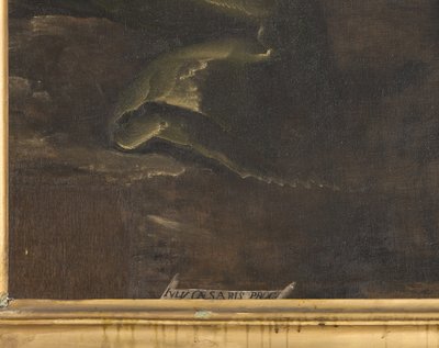 Handtekening, detail, Maagd Maria met Kind en Sint Firmus en Sint Rusticus (detail) door Giulio Cesare Procaccini