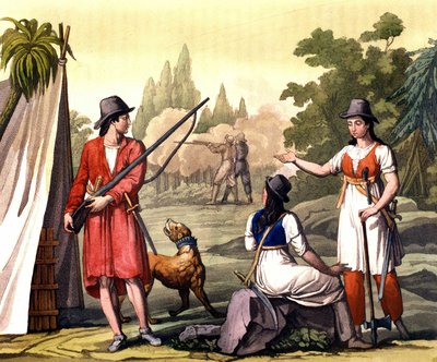 Boeven en vrouwen flibustier: de piraat Jack Rackham, beter bekend als Calico Jack, afgebeeld met Anne Bonny en Mary Read in de West-Indië. Plaat uit 