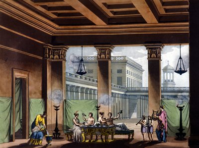 Triclinium verlichte olielampen in het oude Griekenland: banketscène - in Het oude en moderne kostuum door Jules Ferrario, ed. Milaan door Giulio Ferrario