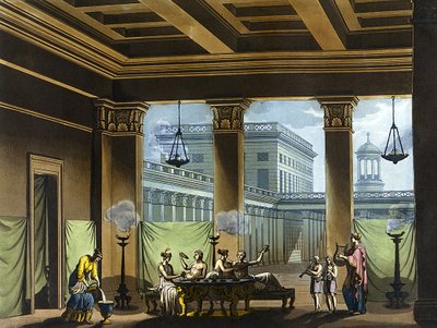 Triclinium verlicht met olielampen in het oude Griekenland: banketscène - in "The old and modern costume" door Jules Ferrario, ed. Milaan door Giulio Ferrario