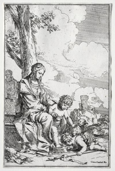 Heilige Familie met de jonge St. Johannes door Giulio I Carpioni