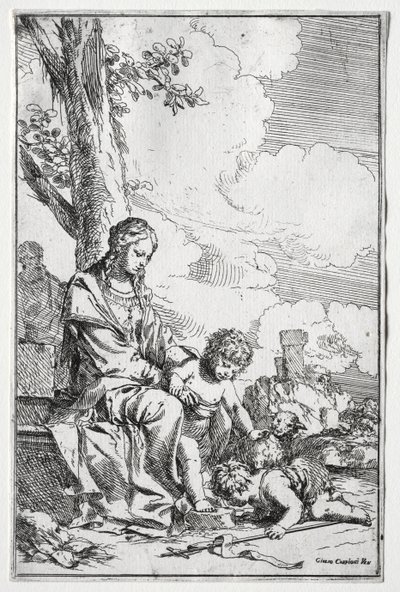 Heilige Familie met de jonge St. Johannes door Giulio I Carpioni