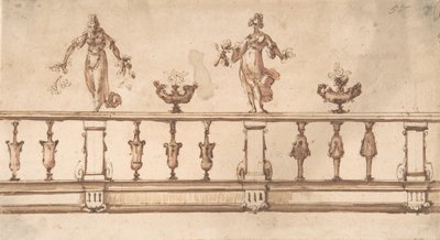 Ontwerp voor een balustrade met vrouwelijke figuren en urnen, 16e-17e eeuw door Giulio Parigi