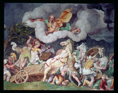 Achilles die het lichaam van Hector rond zijn strijdwagen sleept, detail van het plafond van de Sala di Troia, ca. 1538 door Giulio Romano