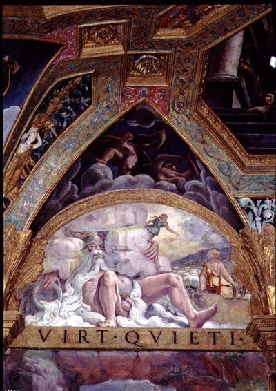 Antropomorfe figuur van een rivier als een oude man met een witte baard, op de achtergrond Psyche bezig met haar beproeving door Venus van het stelen van wol van een schapenvacht, lunet en spandrel uit de Sala di Amore e Psiche door Giulio Romano