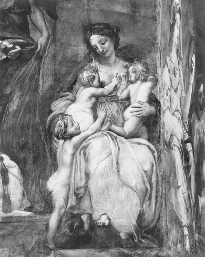 Liefdadigheid, een van de twee Deugden rondom Paus Urbanus I (d.230) (detail) door Giulio Romano