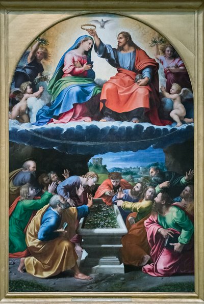 De kroning van de Maagd, genaamd "Madonna van Monteluce". door Giulio Romano