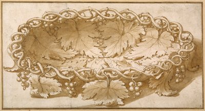 Ontwerp voor een ovale fruitschaal, met wijnranken, bladeren en druiven door Giulio Romano