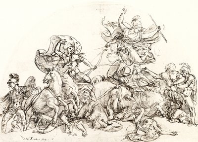 Diomedes, gewond door Pandarus, wordt getroost door Pallas Athene door Giulio Romano