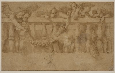 Vier gevleugelde putti die een balustrade versieren met slingers door Giulio Romano