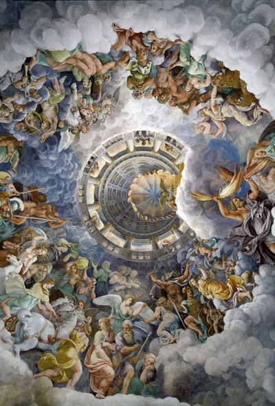 Algemeen overzicht van het plafond van de Hal van de Reuzen, Mantua door Giulio Romano
