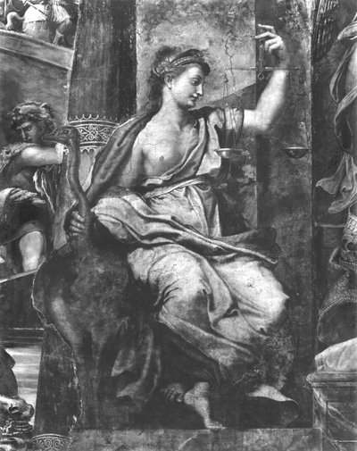 Gerechtigheid, een van de twee Deugden rondom Paus Urbanus I (d.230) (detail) door Giulio Romano