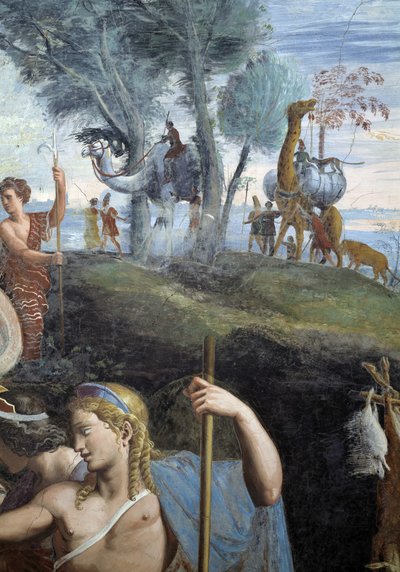 Adellijk banket (zuidmuur), detail: kamelen en giraffe door Giulio Romano