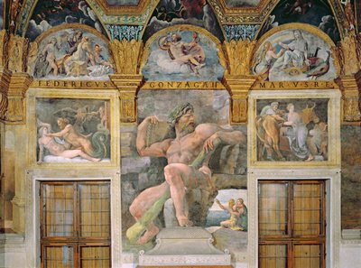 Olympia verleid door Jupiter, Polyphemus bewaakt Acis en Galatea, Pasiphae betreedt de koe gebouwd door Daedalus, uit de Sala di Amore e Psiche door Giulio Romano