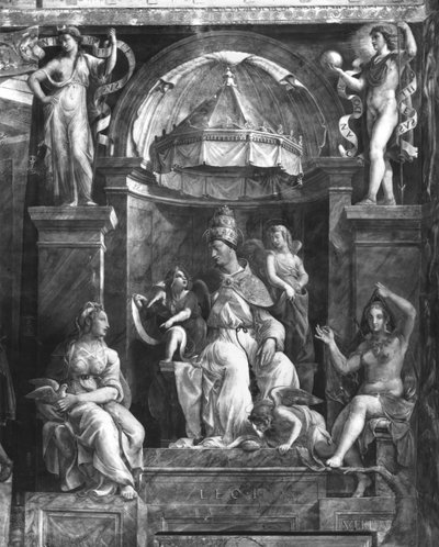 Paus Leo I de Grote (c.390-461) tussen twee Deugden door Giulio Romano