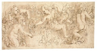 Putti die druiven plukken: Ontwerp voor een fries door Giulio Romano