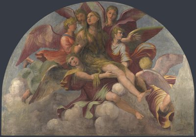 Sint Maria Magdalena gedragen door Engelen, ca. 1521 door Giulio Romano
