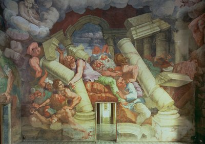 Sala dei Giganti, detail van de vernietiging van de reuzen door Jupiters bliksems (detail) door Giulio Romano