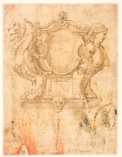Gesneden kistje of doodskist met leeg wapenschild door Giulio Romano