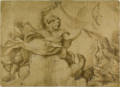 Studie voor Jupiter werpende bliksemschichten door Giulio Romano