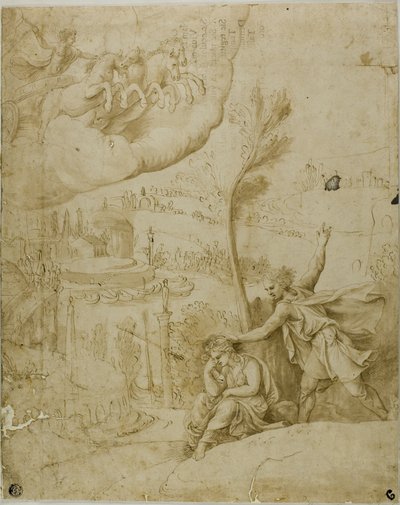 Studie voor het voorteken van de toekomstige grootheid van Augustus: Linkergedeelte door Giulio Romano