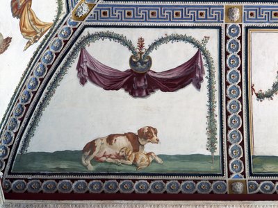 De Camera con Fregio di Amorini detail van een hond en een puppy (detail) door Giulio Romano