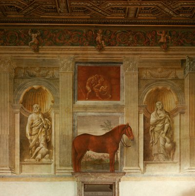 De Paardenzaal met muurschilderingen van de lievelingspaarden van Federico II Gonzaga (fresco) door Giulio Romano