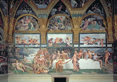 Het Rustieke Banket ter Viering van het Huwelijk van Cupido en Psyche, met de Drie Lunetten erboven die een van Psyche