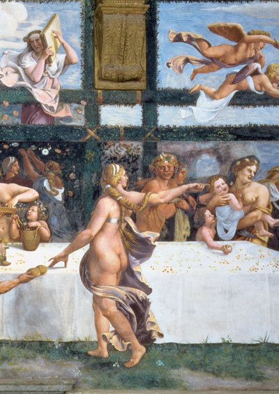 Het rustieke banket ter viering van het huwelijk van Cupido en Psyche, met de drie lunetten erboven die een van Psyche