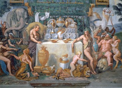 Het nobele banket ter viering van het huwelijk van Cupido en Psyche, detail met Dionysius en Silenus rechts van een tafel met het diner, uit de Sala di Amore e Psiche, 1528 door Giulio Romano