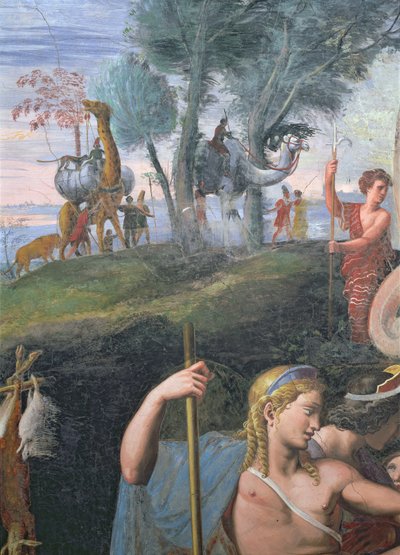 Het nobele banket ter viering van het huwelijk van Cupido en Psyche, detail met het hoofd van Apollo met een processie van exotische dieren op de achtergrond, uit de Sala di Amore e Psiche, 1528 (detail) door Giulio Romano